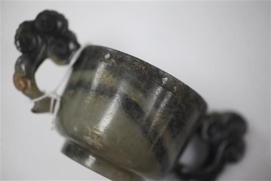 A Chinese grey and black speckled jade two handled cup, 17th/18th century, width 13.3cm